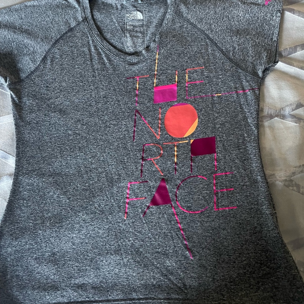The North Face Heather Gray Tee with Pink and Orange Details
